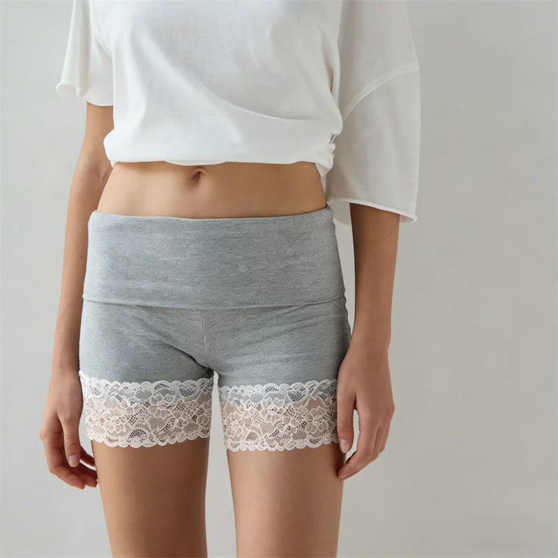 VacationGrabs Chic Y2K Style Fold Over Waist Lace Trim Biker Shorts for Women Solid Color Soft Safety Shorts Casual Daily Loungewear