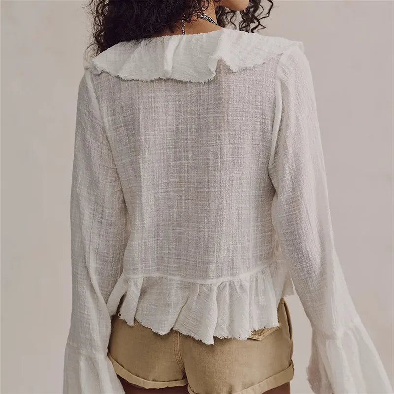 VacationGrabs Y2K Retro Raw Fringe Ruffle Crop Blouse Women Crinkled Texture V Neck Tie Front Flare Long Sleeve Casual Street Shirts
