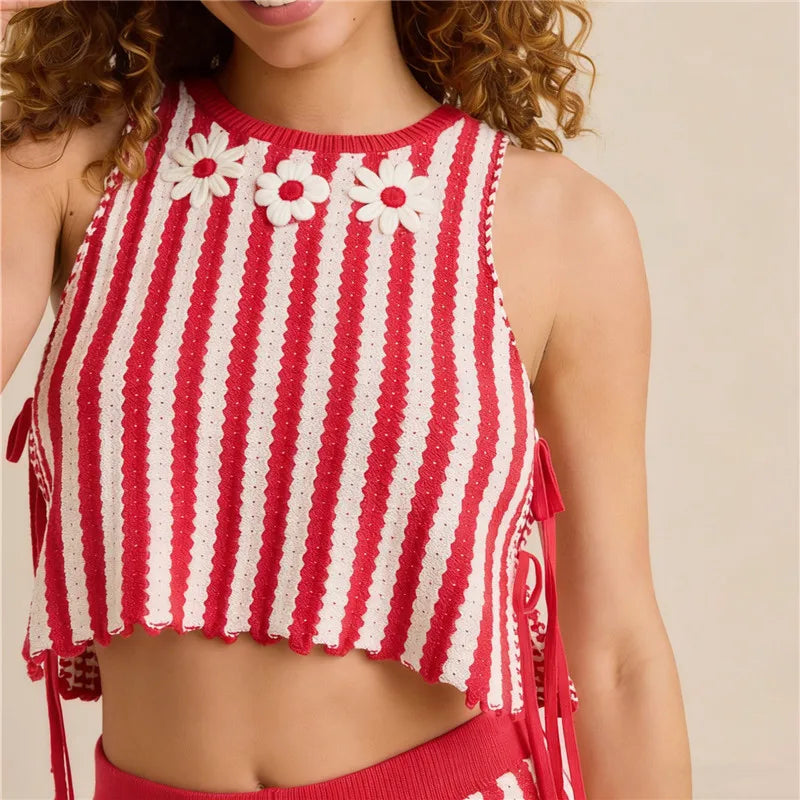 Women Y2K Striped Knit Crop Tank Top 3D Daisy Floral Sleeveless Halter Vest Side Tie Scalloped Hem Hollow Out Knitted Streetwear