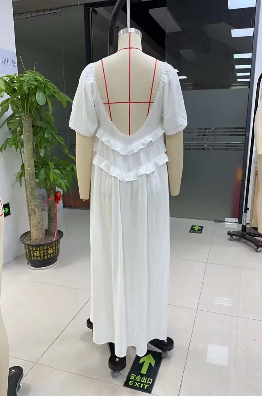 Fashion Women Boho Long Dress Elegant Ladies Summer Short Sleeve Low-cut Backless Solid/Plaid Loose Swing Dress Vintage