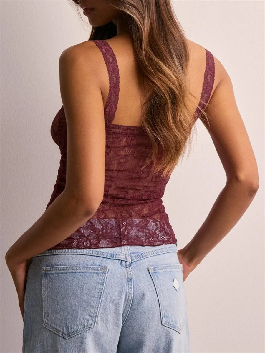 VacationGrabs Aesthetic Slim Fit Camis Retro Floral Lace Sheer Crop Tops Cottage Grunge Sleeveless Shirt Vest Y2k Vintage Tank Tops