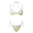 VacationGrabs Women's Double Layered Bikini Set Dot Print Halter Bra with Side Tie-up Low Waist Shorts 2 Pcs Swimsuit Beachwear
