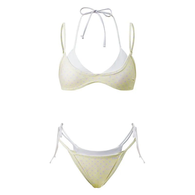 VacationGrabs Women's Double Layered Bikini Set Dot Print Halter Bra with Side Tie-up Low Waist Shorts 2 Pcs Swimsuit Beachwear