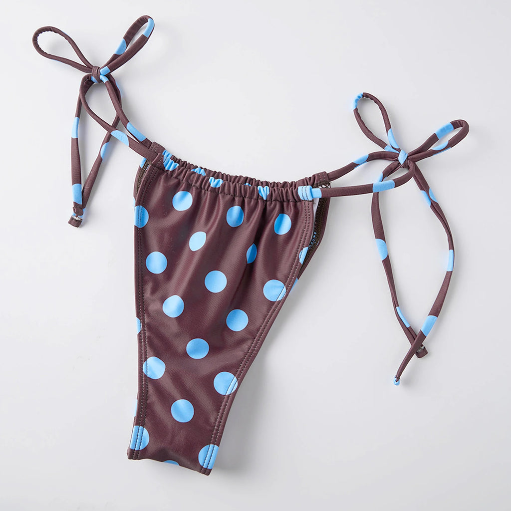 VacationGrabs 3Pcs Polka Dot Bikini Set Women Triangle Halter Tie Bikini Swimsuit + Long Sleeve Sheer Mesh Cover Up Dress Bathing Suit