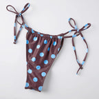 VacationGrabs 3Pcs Polka Dot Bikini Set Women Triangle Halter Tie Bikini Swimsuit + Long Sleeve Sheer Mesh Cover Up Dress Bathing Suit