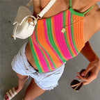 hriigin Cute Women Striped Crochet Halter Neck Top Knit Sleeveless Triangle Hem Crop Top Backless Summer Top Casual Daily Wear