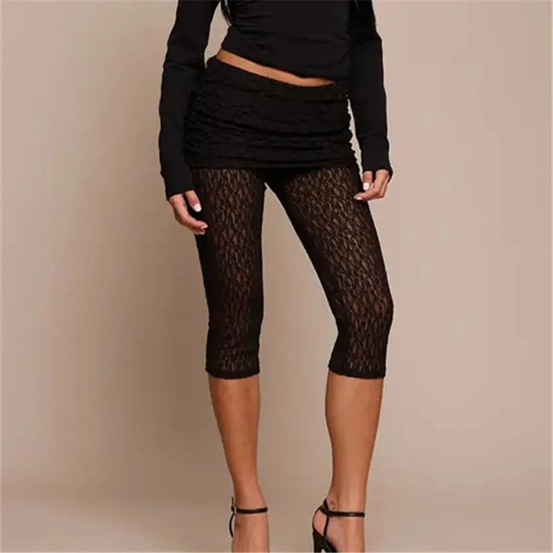 VacationGrabs Women Lace Cropped Leggings with Skirt Overlay See Through Mesh Capri Pants High Waist Ruched Summer Casual Streetwear