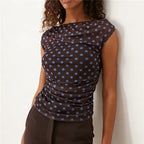 VacationGrabs Summer Ladies Sheer Polka Dot Mesh Top Asymmetric Off Shoulder Ruched Sleeveless Blouse Casual Daily Summer Streetwear