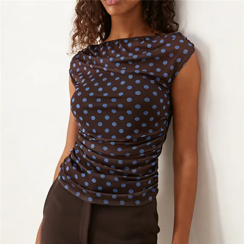 VacationGrabs Summer Ladies Sheer Polka Dot Mesh Top Asymmetric Off Shoulder Ruched Sleeveless Blouse Casual Daily Summer Streetwear
