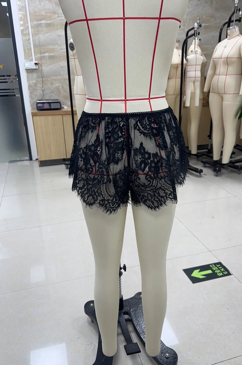 VacationGrabs Women’s Solid Color Lace See Through Shorts Casual Elastic Waist Wide Leg Lingerie Shorts Summer Lounge Bottoms