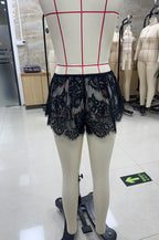 VacationGrabs Women’s Solid Color Lace See Through Shorts Casual Elastic Waist Wide Leg Lingerie Shorts Summer Lounge Bottoms