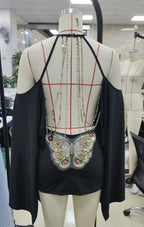 VacationGrabs Butterfly Embroidery Mini Dress Cold Shoulder Flare Sleeve Halter Backless With Back Body Chain Club Party Bodycon Dress