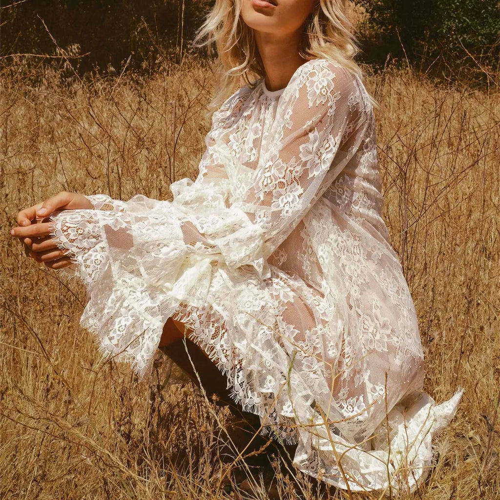 Women Boho Lace Maxi Dress Long Sleeve Ruffle Asymmetrical Hem Sheer Mesh Floral Lace Beach Wedding Guest Vacation Party Dress