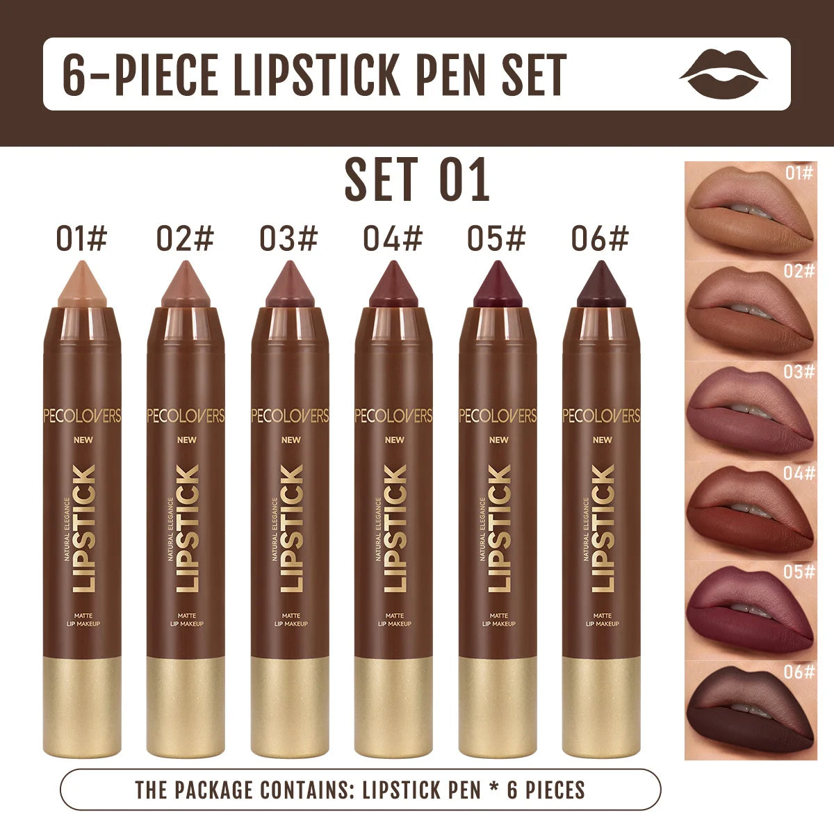 6-Piece Waterproof Matte Lip Liner Set, Long-Lasting