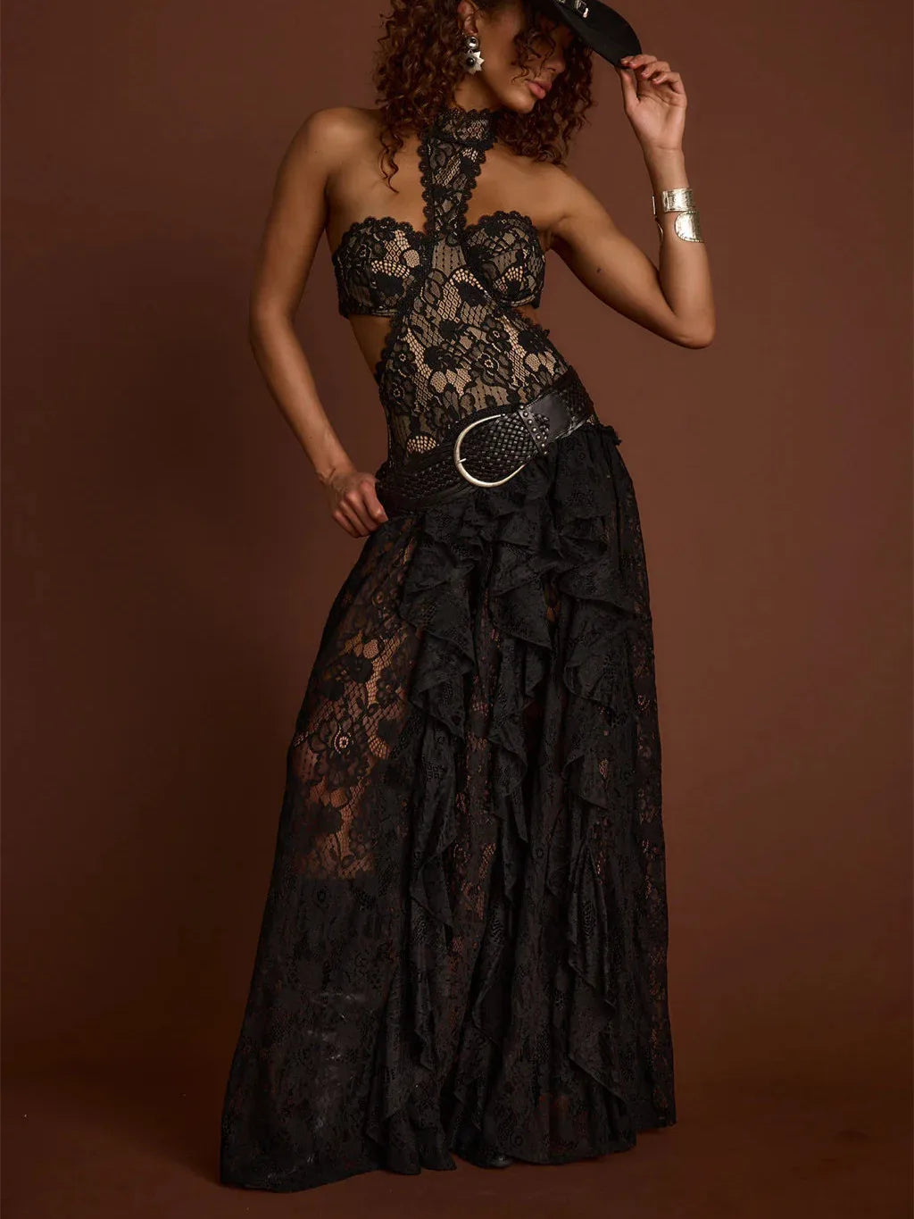 Sexy Cut Out Halter Lace Maxi Dress Sheer Tiered Ruffle See Through Long Gown Backless Slim Bodycon Party Club Night Women Dress