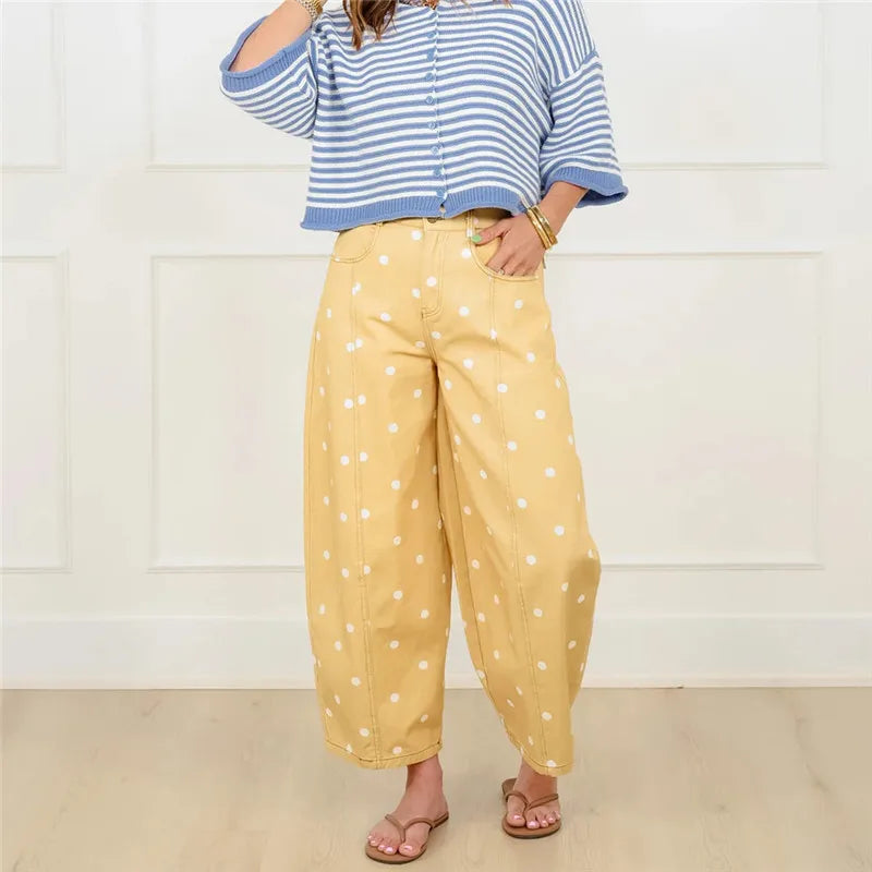 VacationGrabs Women High Waist Polka Dot Wide Leg Cropped Pants Seam Detail Loose Straight Leg Ankle Trousers Vintage CasualStreetwear