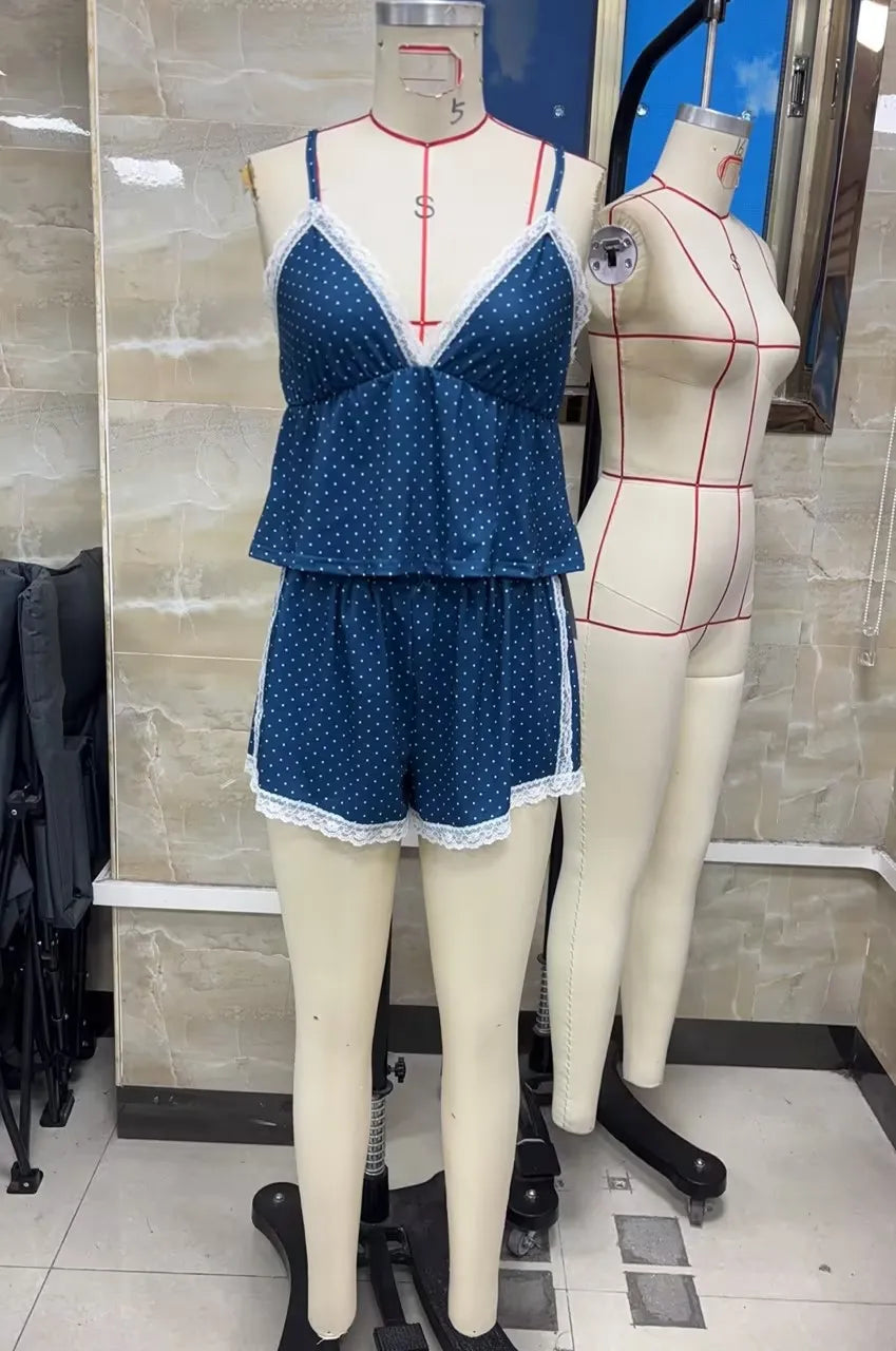 Polka Dot Cami & Shorts Pajama Set | Lace Trim Loungewear