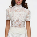 Floral Lace High Neck Sheer Blouse Women Short Puff Sleeve See Through Slim Fit Top For Evening Party Night Out Cocktail Events