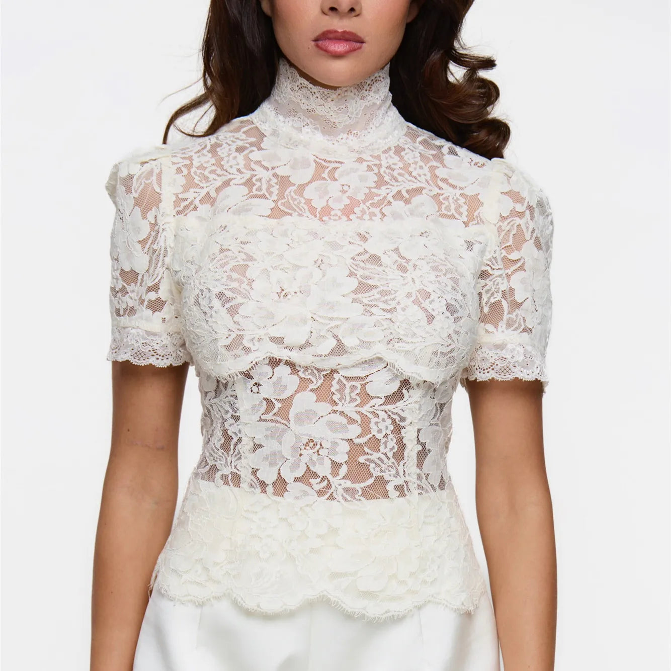 Floral Lace High Neck Sheer Blouse Women Short Puff Sleeve See Through Slim Fit Top For Evening Party Night Out Cocktail Events