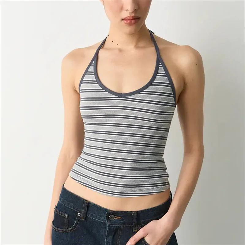 VacationGrabs Halter Neck Tank Tops for Women Y2K Striped Scoop Neck Slim Fit Sleeveless Cami Tops Trendy Summer Casual Going Out Vest