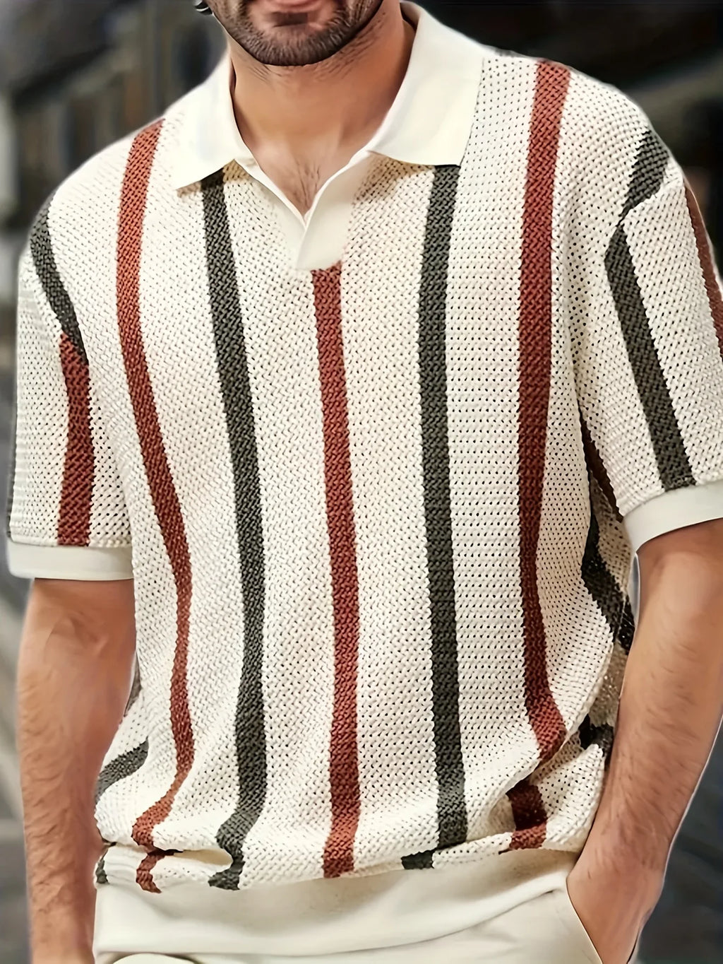 Men's Spring/Summer Lightweight Striped Knit Cardigan with V-neck Short Sleeve Polo Shirt. Business casual slim-fit style Breath