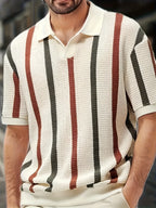 Men's Spring/Summer Lightweight Striped Knit Cardigan with V-neck Short Sleeve Polo Shirt. Business casual slim-fit style Breath
