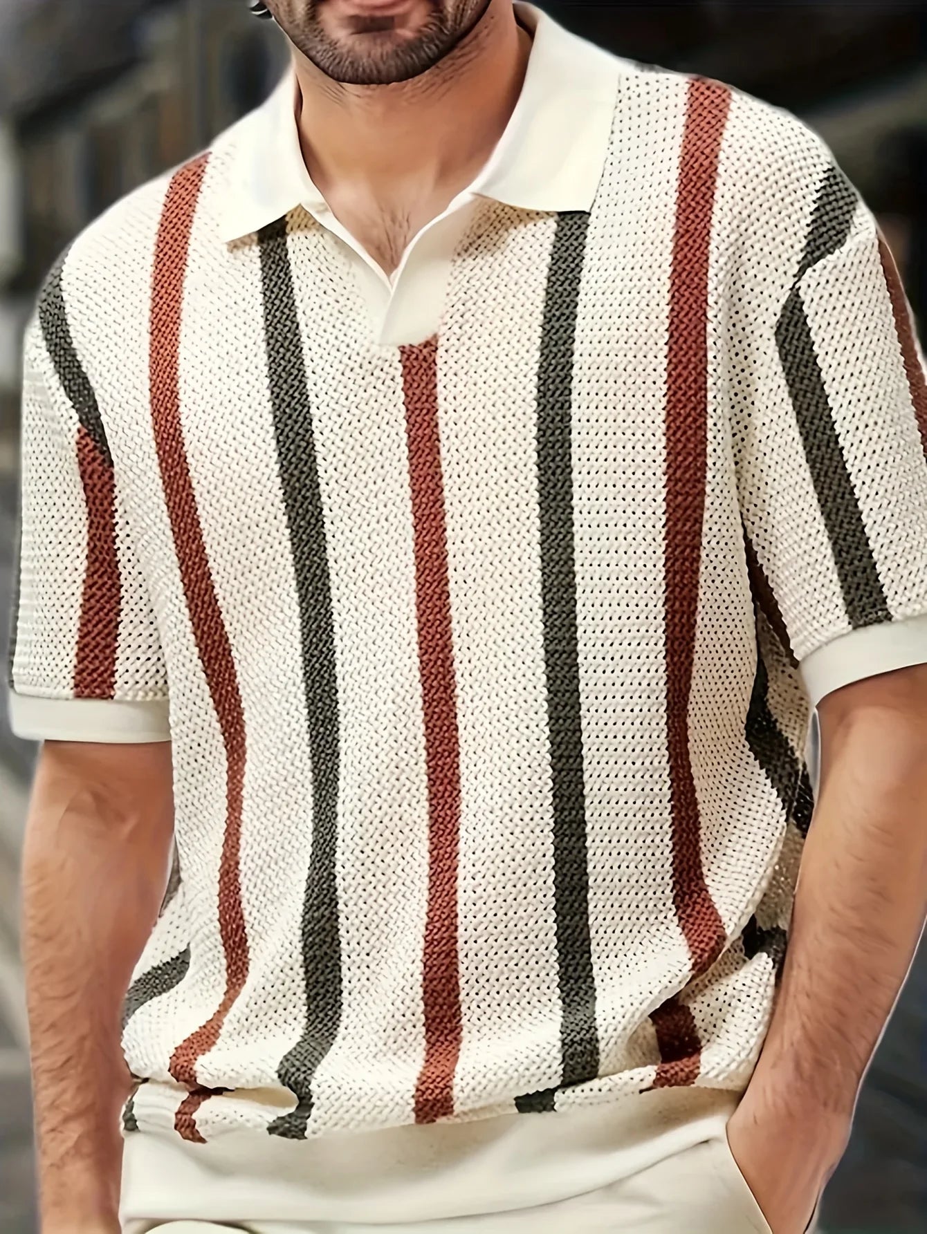 Men's Spring/Summer Lightweight Striped Knit Cardigan with V-neck Short Sleeve Polo Shirt. Business casual slim-fit style Breath