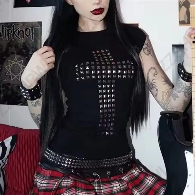 Retro Gothic Women's Studded Cross Baby Tee Fitted Black Short Sleeve T-Shirt Emo Punk Rock Streetwear for Dark Style