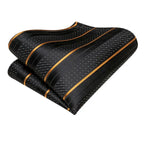 Black pocket square with gold accents, ideal for learning how fold a pocket square