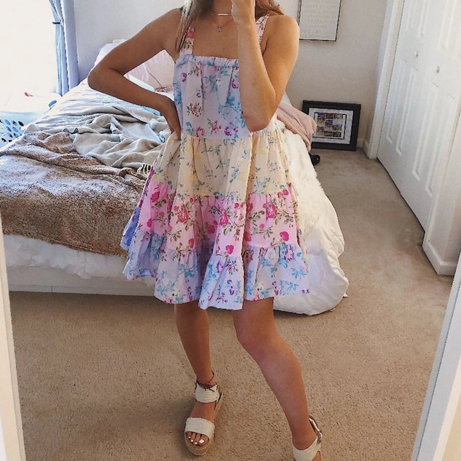 Cute Women Tie Shoulder Mini Dress Floral Ruffle Babydoll Dress Boho Square Neck Sundress Cute Summer Bow Going Out Dress