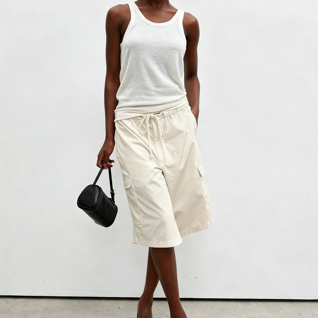 VacationGrabs Elastic Drawstring Cargo Bermuda Shorts Women Multi Pocket Loose Wide Leg Knee Length Baggy Capri Culottes Y2KStreetwear