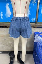 VacationGrabs Women Y2K Retro Pleated Denim Shorts High Waist Elastic Waist Wide Leg Casual Shorts with Drawstring Pockets Streetwear