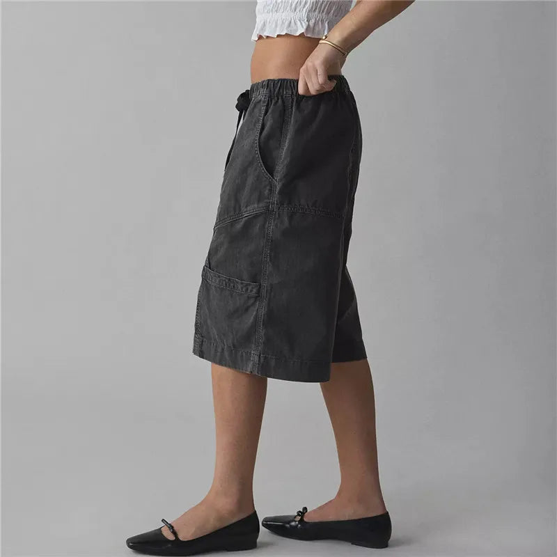 VacationGrabs Cargo Bermuda Shorts Women Drawstring Elastic Waist Multi Pocket Loose Wide Leg Jort Y2K Street Casual Capri Bottoms