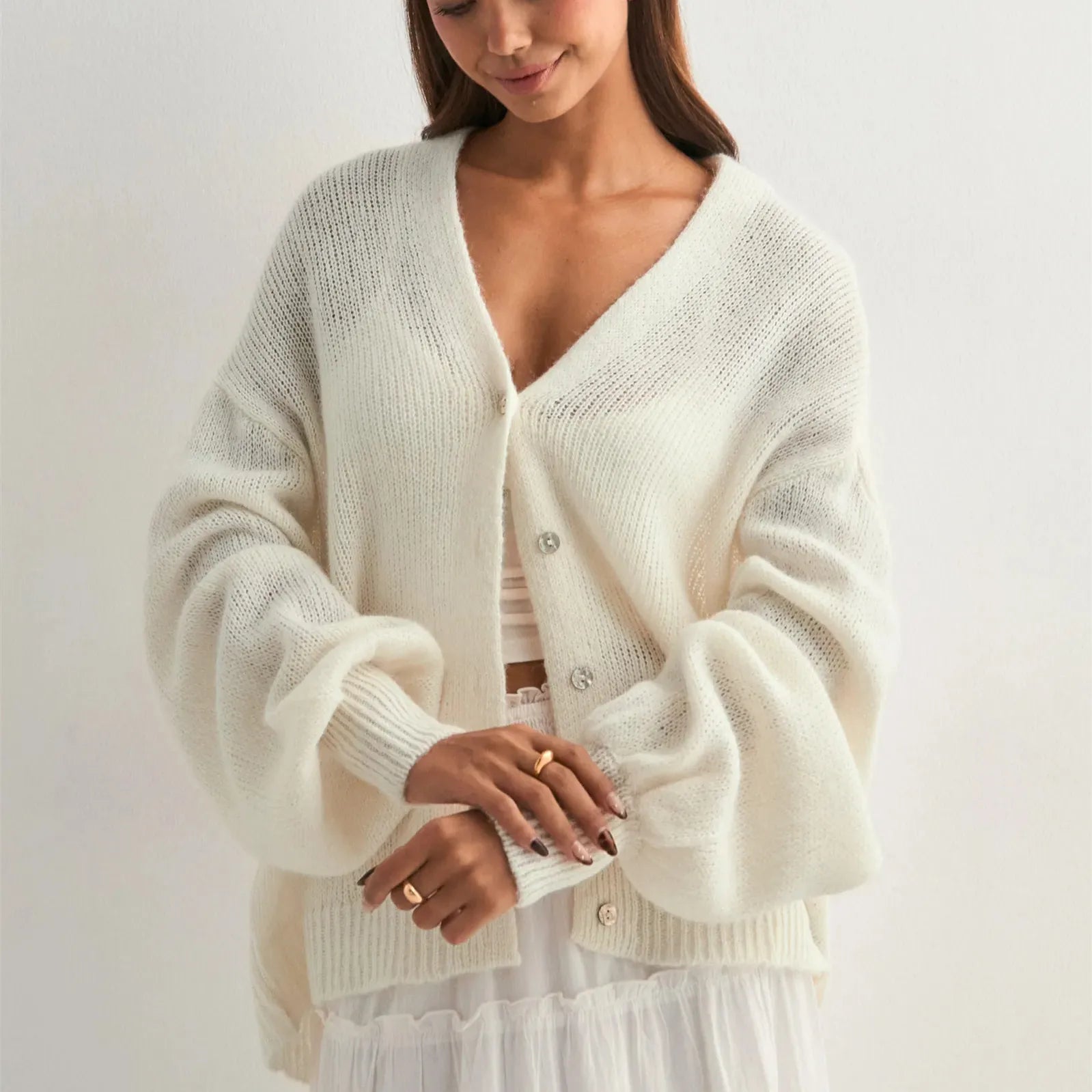 VacationGrabs Women's Solid Color Knit Cardigan Autumn V-Neck Fuzzy Long Sleeve Button Front Closure Sweaters Winter Casual Knitwear