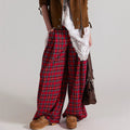 VacationGrabs Women Y2k Gingham Wide Leg Mid Rise Holiday High Street Tartan Pants Vintage Plaid Baggy Trousers with Pockets