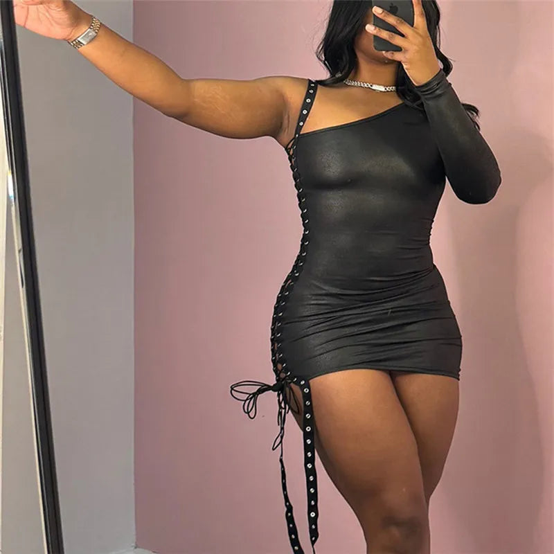 VacationGrabs Y2K Gothic One Shoulder Single Sleeve Faux Leather Dress Side Lace Up Cutout Ruched Bodycon Mini Dress Party Clubwear