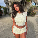 Lace Crop Tops 2 Piece Pant Set Outfits 2024 Luxury Clothes Women Sexy Cute Summer Elegant Ruffle Two Piece Set Shorts Pant