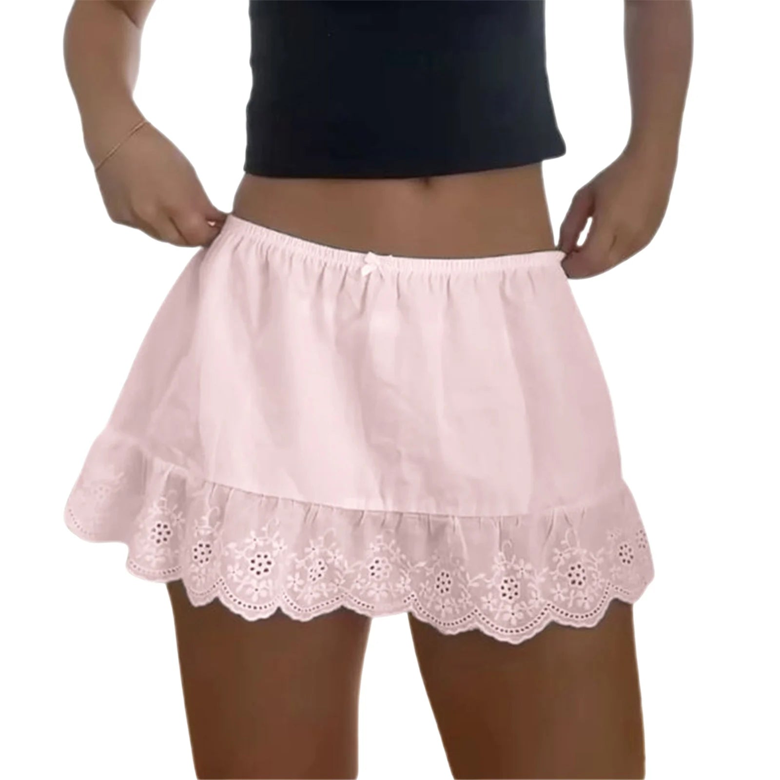 VacationGrabs Women Y2k Lace Trim Mini Skirt Floral Eyelet Embroidery Half Slip Underskirts Cute Low Rise Summer Skater Skirt