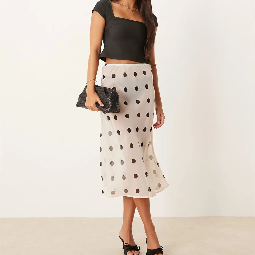 VacationGrabs Women Polka Dot Sheer Midi Skirt Sexy See Through Low Rise Long Skirt Flowy Mesh Cover Up Maxi Skirts Beachwear