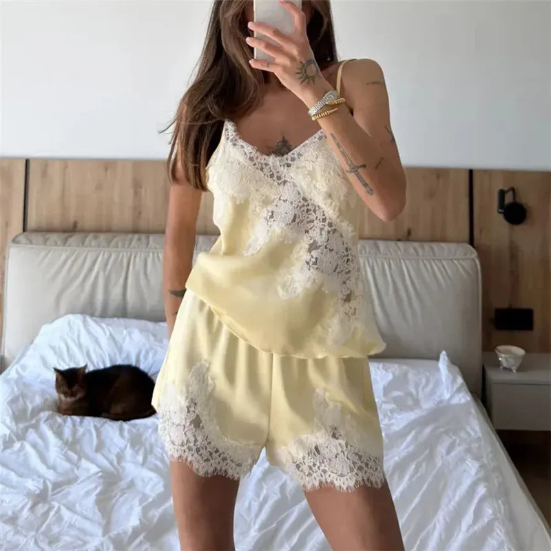 VacationGrabs Satin Lace Patchwork Pajama Set For Women V Neck Thin Strap Sleeveless Top Elastic Short Pants Sweet Home Loungewear