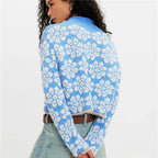 VacationGrabs Oversized Cropped Knit Sweater Women Roll Neck Floral Jacquard Pattern Contrast Trim Long Sleeve Loose Pullover Knit Top