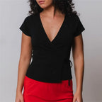 VacationGrabs Ladies Surplice Wrap V‑Neck Short Cap Sleeve T‑Shirt Side Tie Knot Fitted Cropped Top Solid Color Casual Daily Blouse