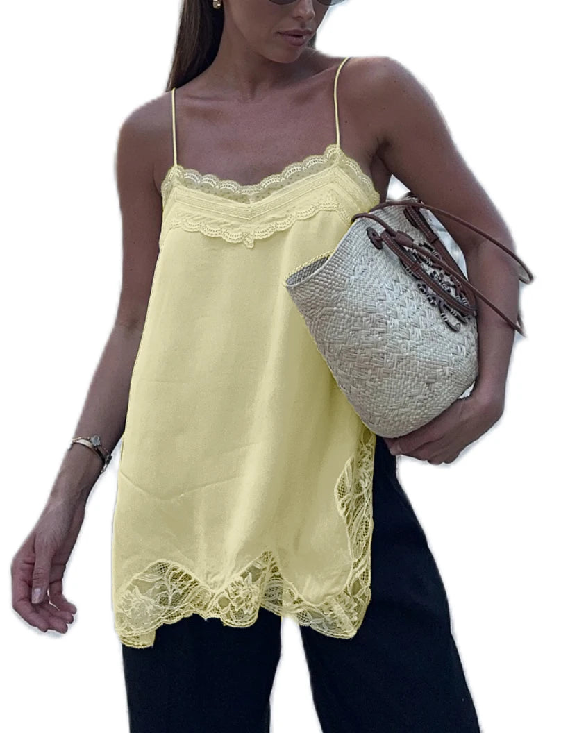 VacationGrabs Women Lace Trim Satin High Low Tops Silk Spaghetti Strap Side Split Asymmetrical Cami Top Flowy Silky Layering Tops