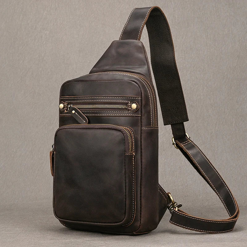 Retro Handmade Big Chest Bag for Men Real Cowhide Leather Crazy Horse Leather Sling Bag Male Chest Pack