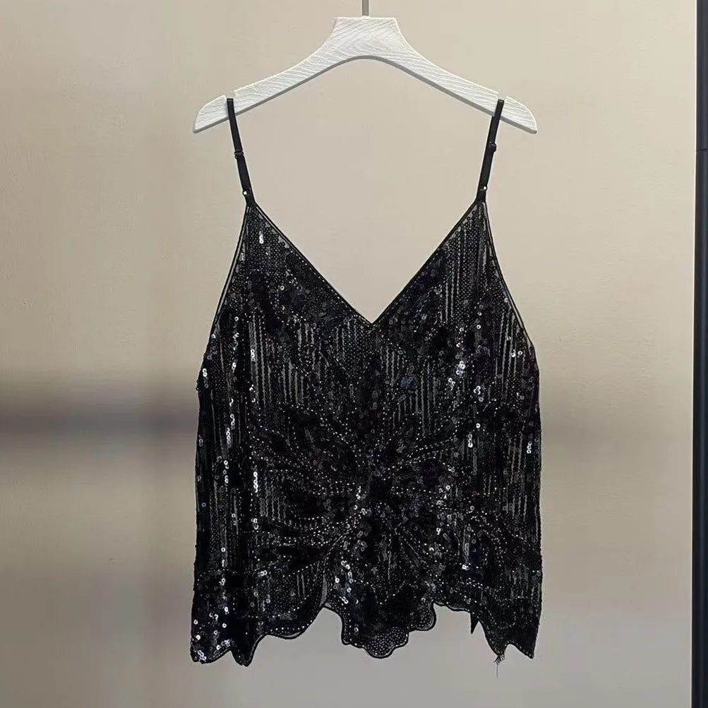 VacationGrabs Women Sexy Bead Mesh Cami Tops Women Silver Sequined Tanks Vest Summer Femme Bling Shiny Tanks Tops Party Clubwear