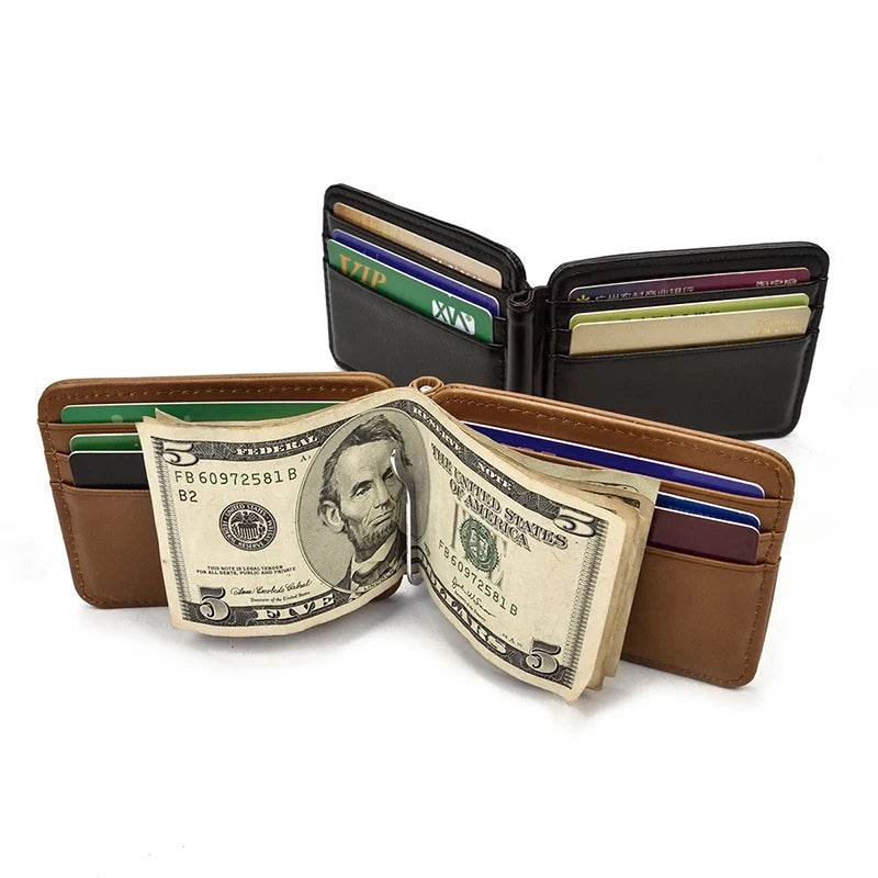 Small Men's Leather Clip Wallet with Coin Pocket & Card Slot Cash Holder - VacationGrabs