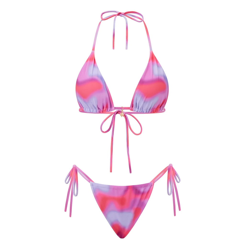 VacationGrabs Women 2 Pieces Bikini Swimsuit Spaghetti Strap Top Tie Side Triangle G-Thong Bathing Suit Beach Holiday Swimwear