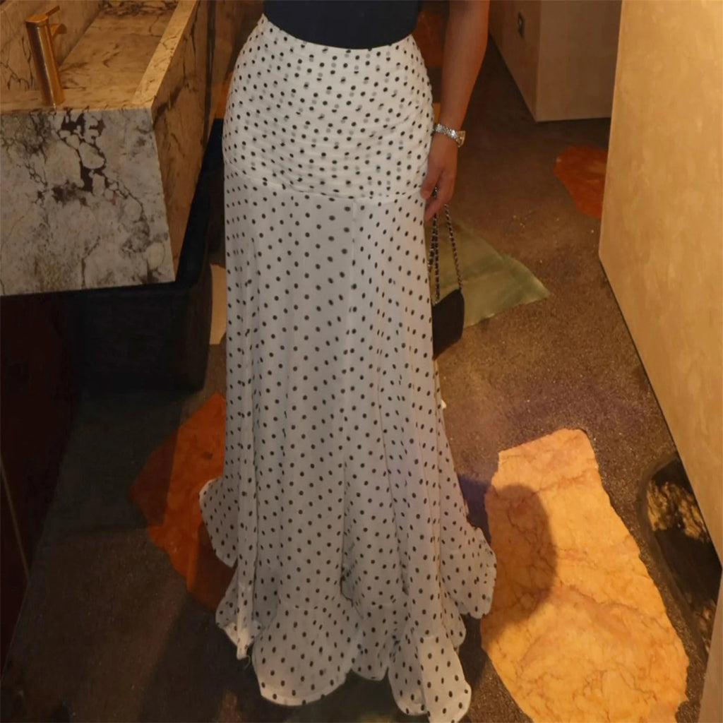 VacationGrabs Polka Dot Floor-length Chiffon Skirt French Style Ruffled Mesh A-line Skirts Elegant Maxi Bottoms High Waist Streetwear