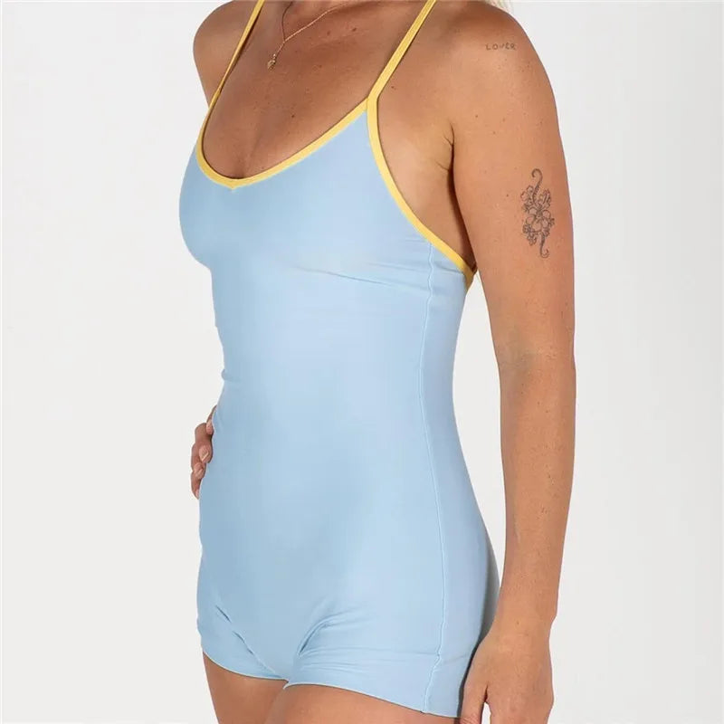 VacationGrabs Womens Monokini Swimsuit Tight Fitted Contrast Trim Scoop Neck Spaghetti Strap Open Back Bathing Suit Casual Swimwear