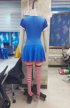 VacationGrabs Women Polka Dot Ragdoll Cosplay Outfit Short Dress with Matching Hat and Striped Stockings Halloween Party Maid Costume